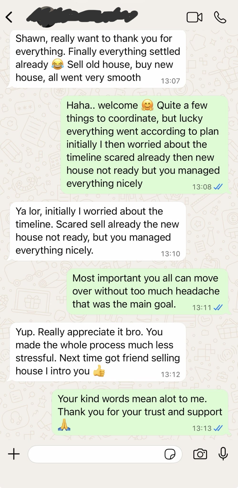 WhatsApp testimonial about a smooth transition to a new home