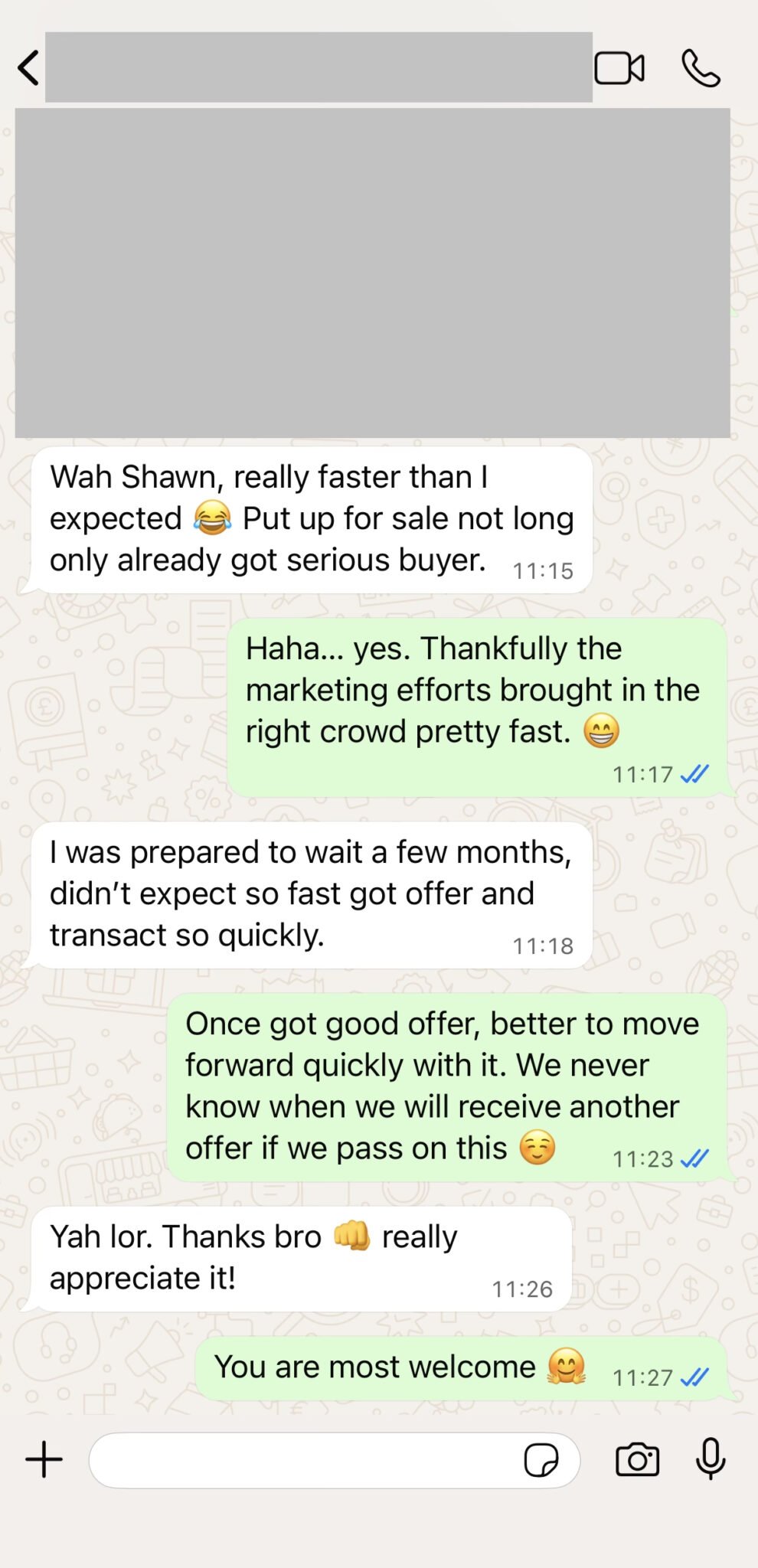 WhatsApp testimonial about a property selling within two weeks
