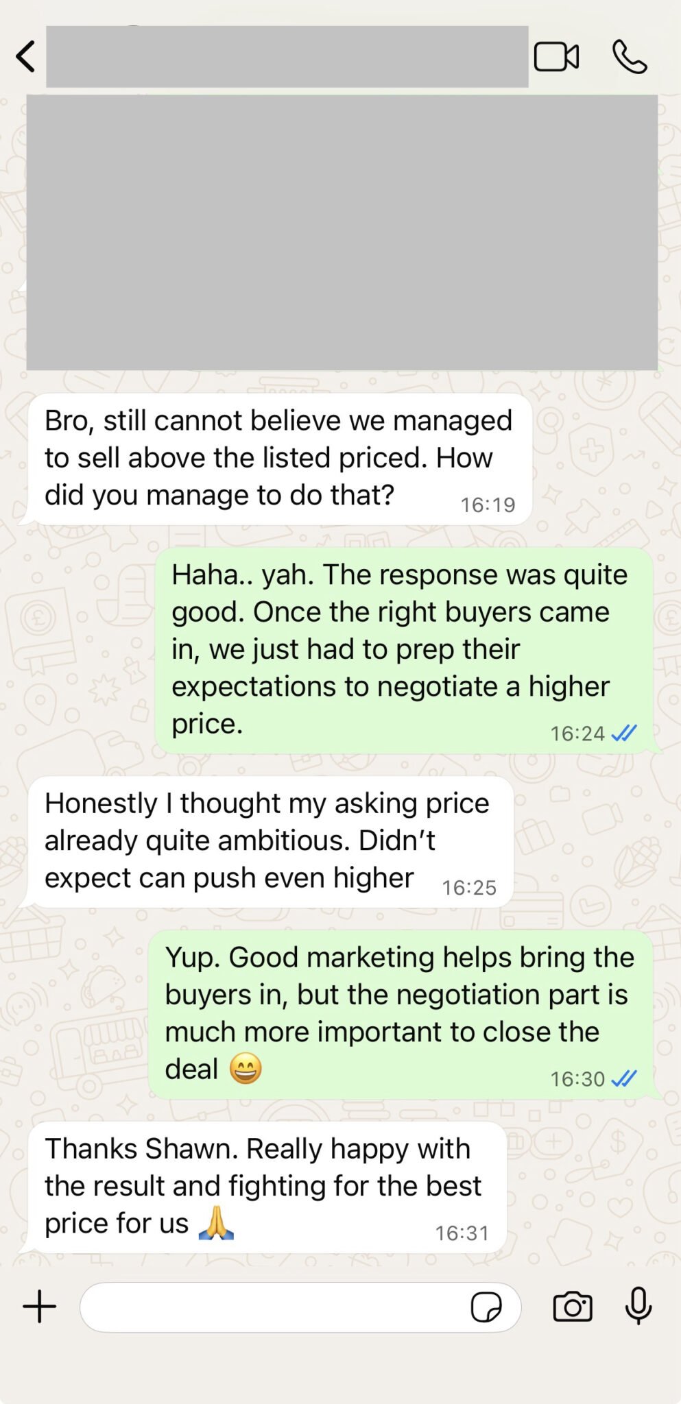 WhatsApp testimonial about a property selling above the listed price